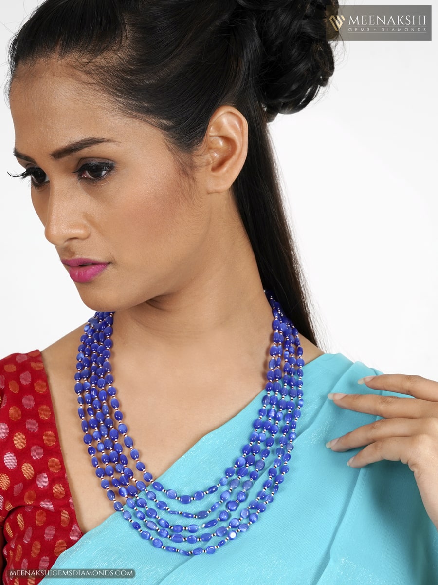 Victorian finish ROYAL BLUE beads long haaram with stones- Premium qua –  Zivara Fashion
